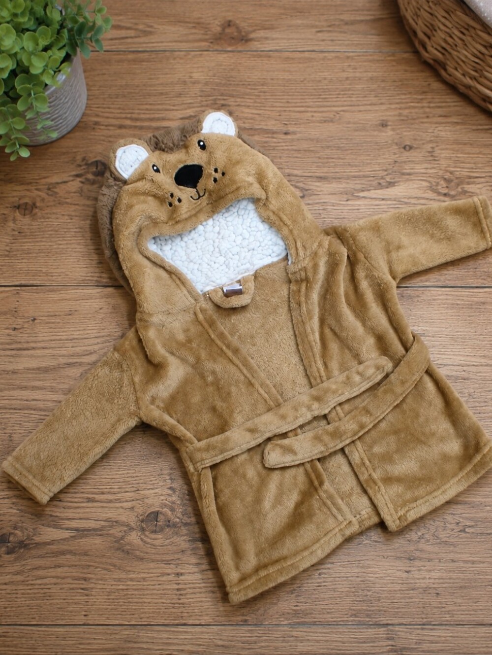 Size 0-9M Tan Lion Plush Pajama Robe with Hood and Tie Belt